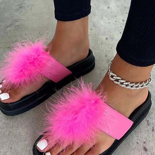 

Women's Sandals Flat Heel Round Toe Faux Fur Solid Colored Pink Orange Black
