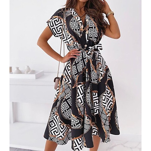 

Women's A Line Dress Knee Length Dress White black Pink flower Apricot Black Apricot blossom Black Short Sleeve Pattern Summer Casual 2021 S M L XL XXL