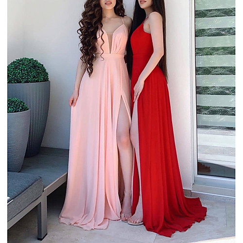 

A-Line Minimalist Sexy Engagement Prom Dress Spaghetti Strap Sleeveless Sweep / Brush Train Chiffon with Sleek 2021