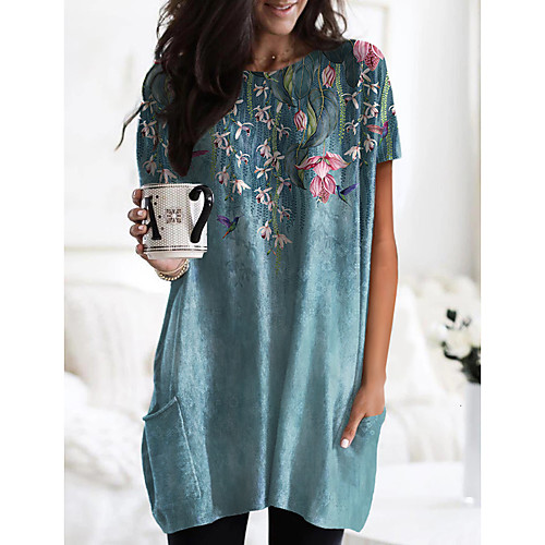 

Women's Floral Theme Painting T shirt Dress Floral Graphic Pocket Print Round Neck Basic Tops Green