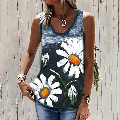 

Women's Beach Tank Top Vest T shirt Flower Print U Neck Streetwear Boho Tops Loose Blue Blushing Pink Black