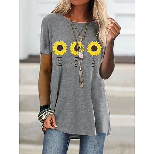 

Women's T shirt Floral Print Round Neck Tops Basic Basic Top White Gray