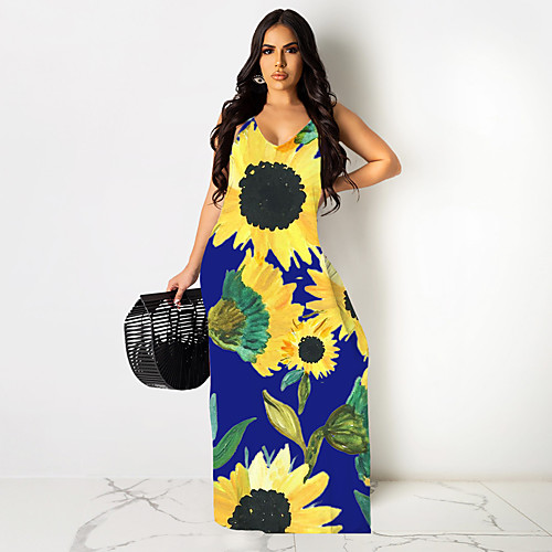 

Women's Loose Maxi long Dress Blue Yellow Red Sleeveless Floral Summer Casual Floral 2021 S M L XL 2XL 3XL 4XL 5XL