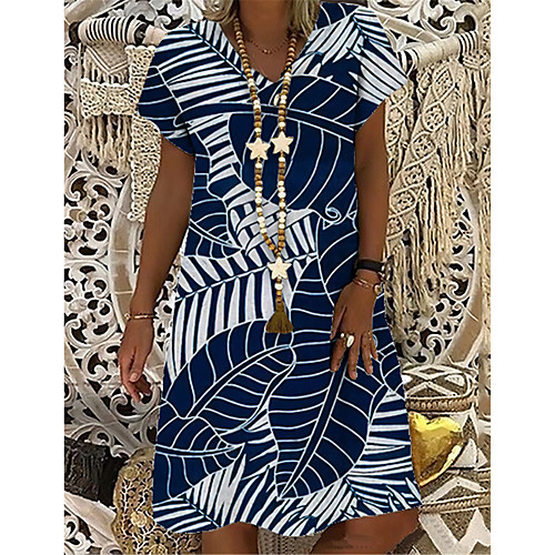 

Women's T Shirt Dress Tee Dress Knee Length Dress Blue Short Sleeve Print Abstract Print Spring Summer V Neck Casual Holiday 2021 S M L XL XXL 3XL