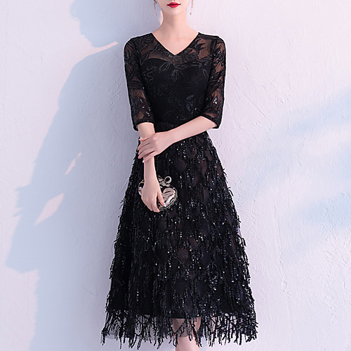 

A-Line Flapper Sparkle Party Wear Cocktail Party Dress V Neck Half Sleeve Tea Length Lace with Sequin Tassel 2021