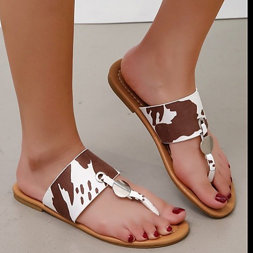 

Women's Sandals Boho Bohemia Beach Flat Heel Round Toe PU Color Block Black Coffee
