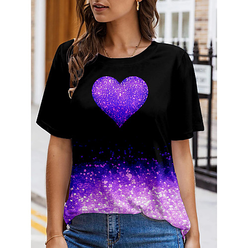 

Women's Abstract Painting T shirt Heart Color Block Print Round Neck Basic Tops Purple