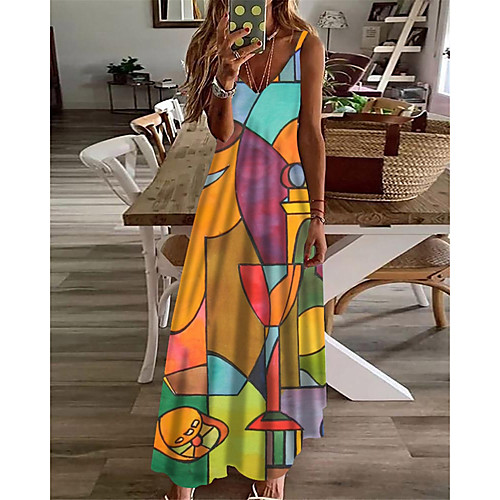 

Women's A Line Dress Maxi long Dress Yellow Sleeveless Color Block Abstract Print Spring Summer V Neck Casual Holiday 2021 S M L XL XXL 3XL