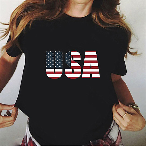 

Women's Painting T shirt USA Stars and Stripes Print Round Neck Basic Tops 100% Cotton Gray White Black