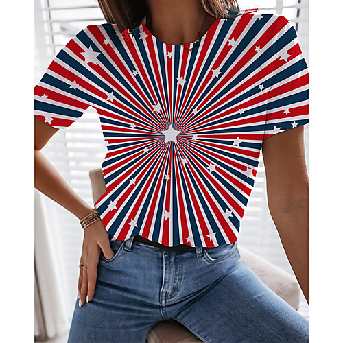 

Women's Painting T shirt Striped Optical Illusion Geometric Print Round Neck Basic Tops Red