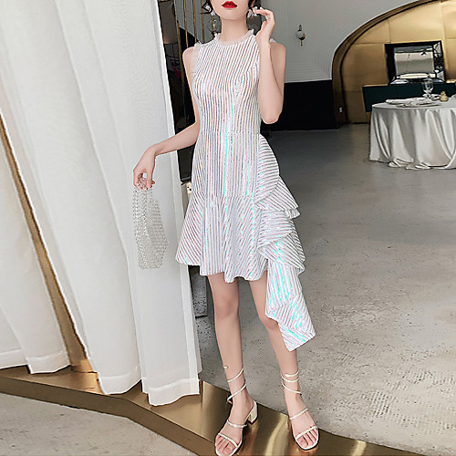 

A-Line Celebrity Style Sparkle Party Wear Cocktail Party Dress Jewel Neck Sleeveless Asymmetrical Sequined with Sequin Ruffles 2021