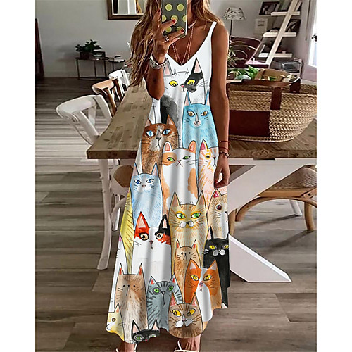 

Women's A Line Dress Maxi long Dress White Sleeveless Cat Animal Print Spring Summer V Neck Casual Holiday 2021 S M L XL XXL 3XL