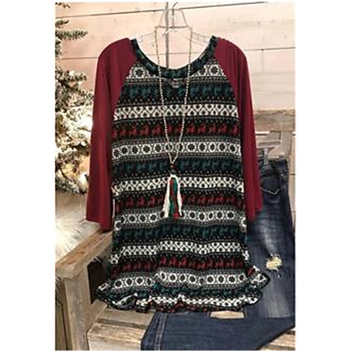 

Women's Plus Size Tops Blouse Stripes Long Sleeve Round Neck Red Big Size L XL XXL XXXL / Cotton