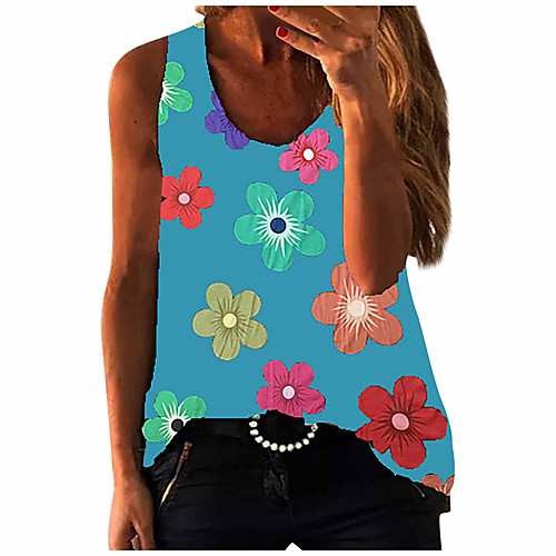 

Women's Holiday Floral Theme Tank Top Vest Floral Print Round Neck Basic Streetwear Boho Tops Blue Yellow Gray