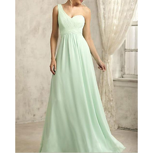 

A-Line One Shoulder Floor Length Chiffon Bridesmaid Dress with Pleats