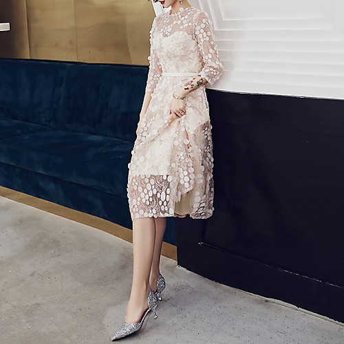 

A-Line Elegant Floral Party Wear Cocktail Party Dress Jewel Neck 3/4 Length Sleeve Tea Length Tulle with Embroidery 2021