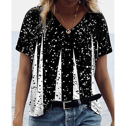 

Women's Abstract Painting T shirt Polka Dot Graphic Print V Neck Basic Tops Black