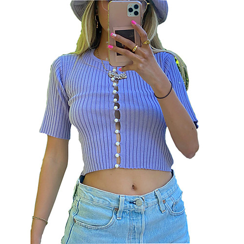 

Women's Solid Color Cardigan Short Sleeve Sweater Cardigans V Neck Purple Green White