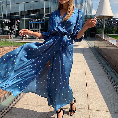 

Women's A Line Dress Maxi long Dress L Gray blue Apricot Long Sleeve Dot Fall Winter Casual 2021 S M L XL