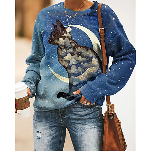 

Women's Sweatshirt Pullover Galaxy Cat Color Block Print Casual Daily Sports 3D Print Sportswear Streetwear Hoodies Sweatshirts Loose Blue Khaki