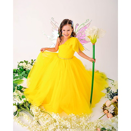 

A-Line Floor Length Flower Girl Dresses Party Chiffon Sleeveless One Shoulder with Solid