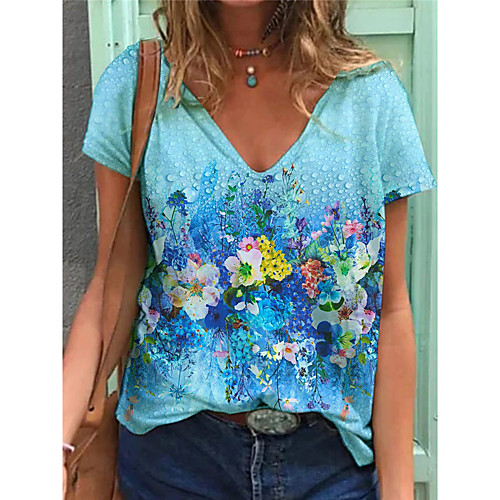

Women's T shirt Floral Plants V Neck Basic Tops Blue
