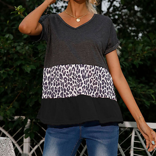 

Women's Painting T shirt Color Block Leopard Patchwork Print V Neck Basic Tops Blushing Pink Wine White