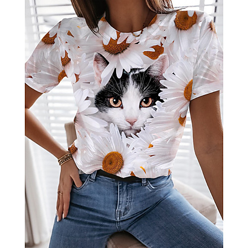 

Women's 3D Cat Painting T shirt Cat Graphic 3D Print Round Neck Basic Tops White