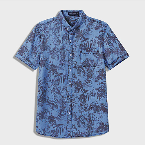 

Men's Shirt Leaves Button-Down Short Sleeve Street Tops Cotton Casual Hawaiian Comfortable Blue