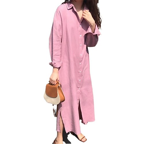 

Women's Shift Dress Maxi long Dress Blushing Pink Navy Blue Long Sleeve Solid Color Spring Summer Work Casual 2021 S M L XL / Cotton / Cotton