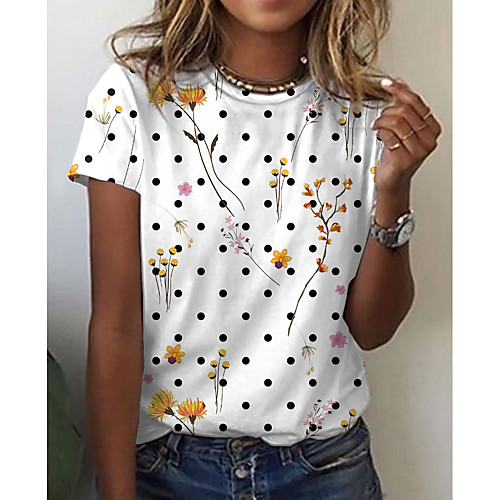 

Women's Floral Theme Painting T shirt Floral Polka Dot Print Round Neck Basic Tops White