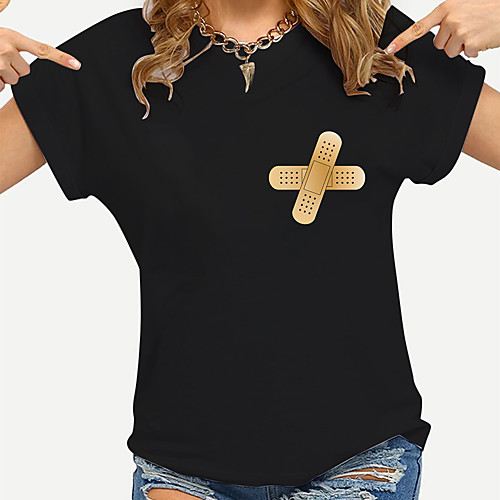 

Women's Painting T shirt Safety Sign Print Round Neck Basic Tops Cotton Yellow Blushing Pink Khaki
