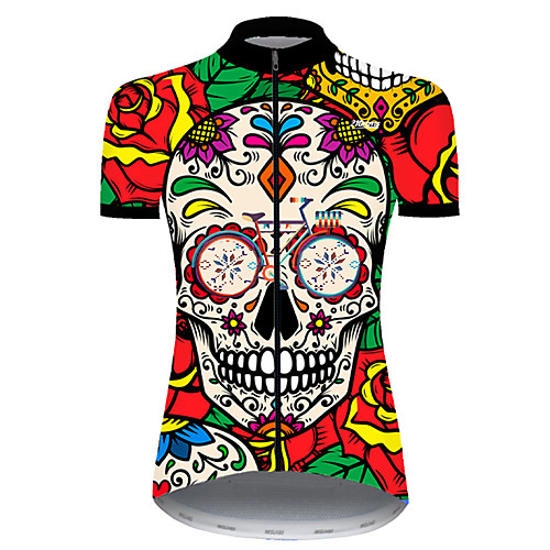 

21Grams Women's Short Sleeve Cycling Jersey Summer Nylon Polyester Red / Yellow Sugar Skull Skull Floral Botanical Bike Jersey Top Mountain Bike MTB Road Bike Cycling Ultraviolet Resistant Quick Dry