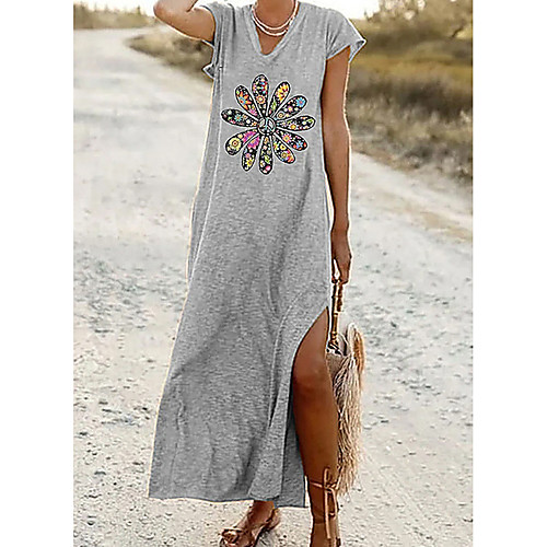 

Women's T Shirt Dress Tee Dress Maxi long Dress Gray Short Sleeve Solid Color Split Summer V Neck Casual Holiday 2021 S M L XL XXL 3XL / Cotton / Cotton