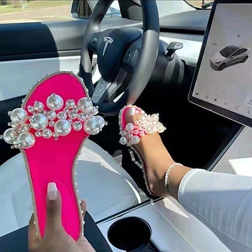 

Women's Sandals Outdoor Slippers Flat Heel Round Toe PU Imitation Pearl Solid Colored White Light Green Black