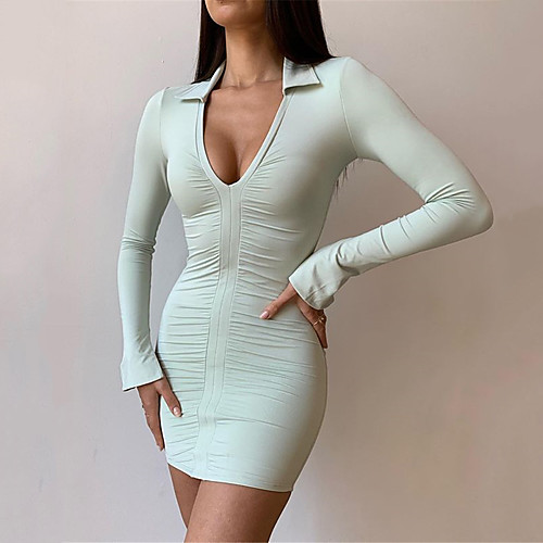 

Women's Sheath Dress Short Mini Dress Green White Long Sleeve Solid Color Ruched Spring Summer Deep V Casual Sexy 2021 S M L