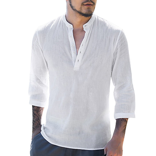 

Men's Shirt Solid Colored Button-Down 3/4 Length Sleeve Casual Tops Cotton Casual Fashion Breathable Comfortable V Neck Army Green White Navy Blue