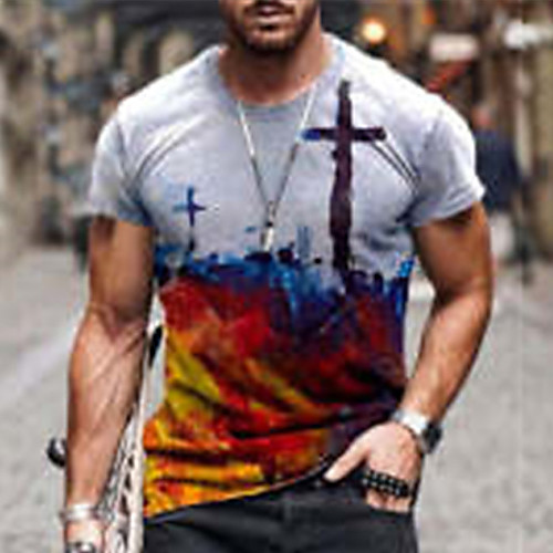 

Men's Tee T shirt 3D Print Graphic Prints Cross Print Short Sleeve Daily Tops Cotton Casual Designer Big and Tall Round Neck Black / Gray Blue Rainbow / Summer