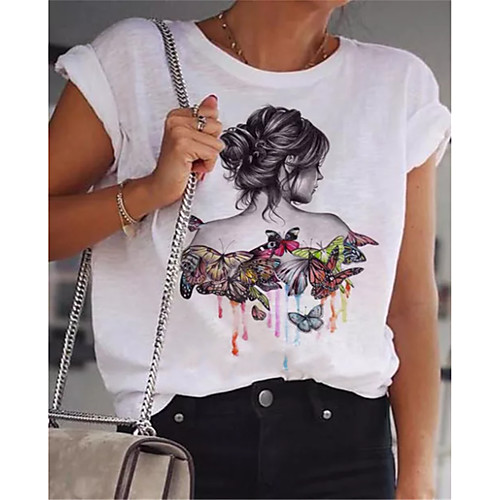 

Women's T shirt Butterfly Portrait Round Neck Basic Tops White