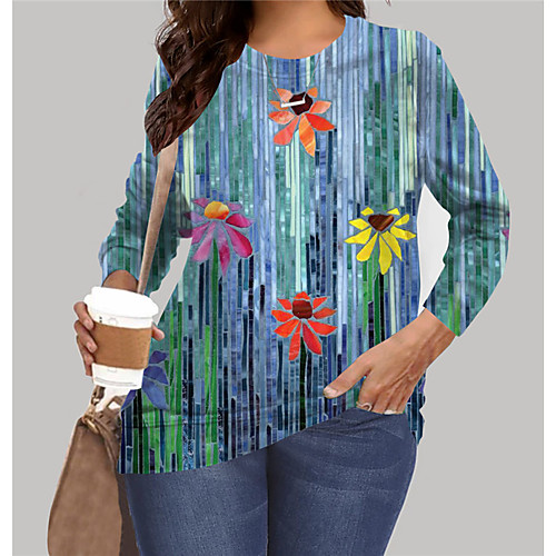 

Women's Plus Size Tops Sweatshirt Floral Color Gradient Graphic Print Long Sleeve Crewneck Basic Blue Big Size XL XXL 3XL 4XL 5XL