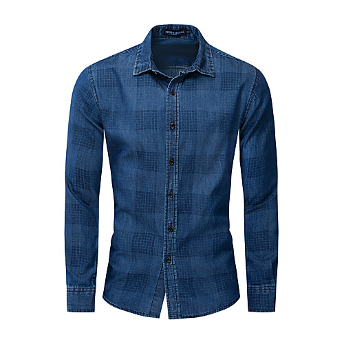 

Men's Shirt Plaid Button-Down Long Sleeve Street Tops Cotton Casual Nostalgic Comfortable Blue