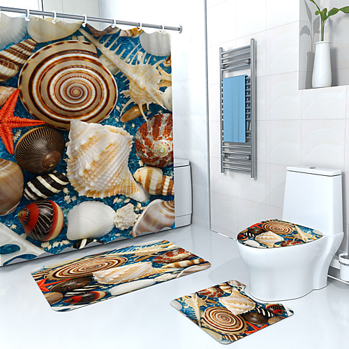 

Bathroom Shower Curtain & Mat Set White Modern Polyester Waterproof