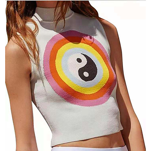 

Women's Pattern Vest Sleeveless Sweater Cardigans High Neck White Black