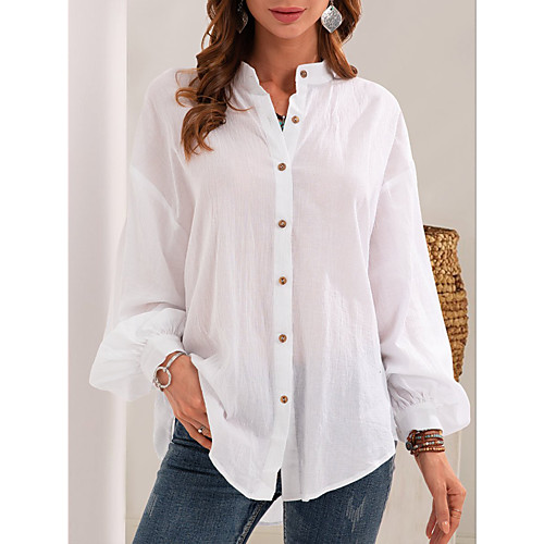 

Women's Blouse Shirt Plain Long Sleeve Button Standing Collar Basic Streetwear Tops Blushing Pink Khaki Green