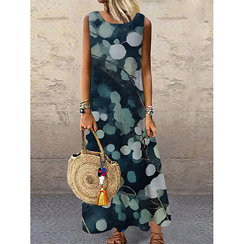 

Women's Shift Dress Maxi long Dress Blue Sleeveless Print Print Spring Summer Round Neck Elegant Casual 2021 S M L XL XXL 3XL