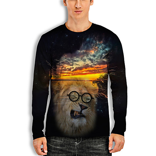 

Men's Tee T shirt Shirt 3D Print Graphic Prints Lion Print Long Sleeve Daily Tops Casual Designer Big and Tall Black