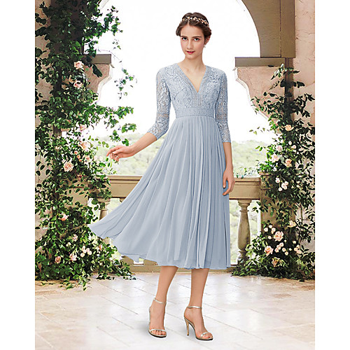 

A-Line V Neck Tea Length Chiffon / Lace Bridesmaid Dress with Pleats