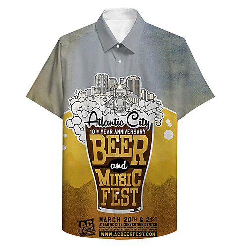 

Men's Shirt 3D Print Beer Letter Plus Size 3D Print Button-Down Short Sleeve Casual Tops Casual Fashion Breathable Comfortable Yellow