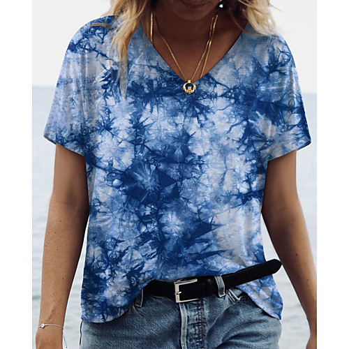 

Women's Abstract Painting T shirt Tie Dye Print V Neck Basic Tops Blue Green