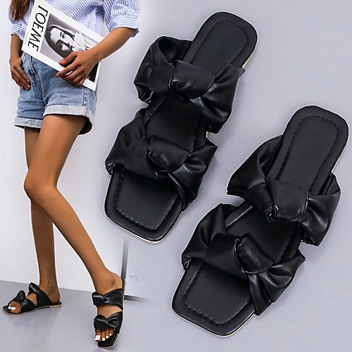 

Women's Sandals Outdoor Slippers Flat Heel Square Toe PU Solid Colored Red Black Beige